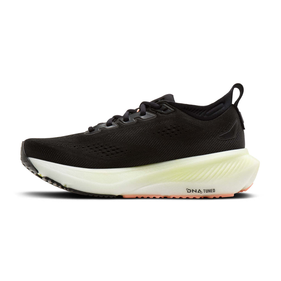 Medial view of the right shoe from a pair of Brooks Women's Glycerin 23 Running Shoes in the Black/Peach/Nightlife colourway.