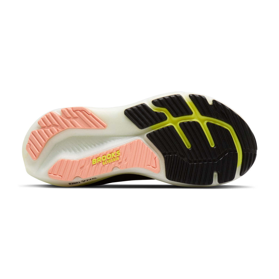The outsole of the right shoe from a pair of Brooks Women's Glycerin 23 Running Shoes in the Black/Peach/Nightlife colourway.