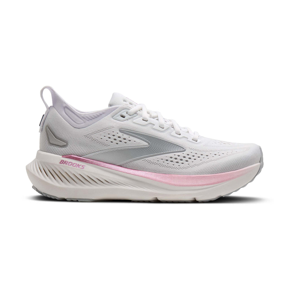 Lateral view of the right shoe from a pair of Brooks Women's Glycerin 23 Running Shoes in the White/Harbor Mist/Metallic colourway.