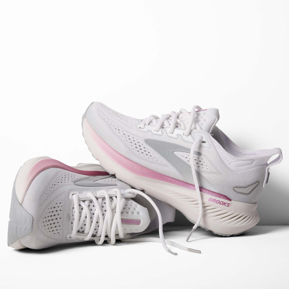 A pair of Brooks Women's Glycerin 23 Running Shoes in the White/Harbor Mist/Metallic colourway.