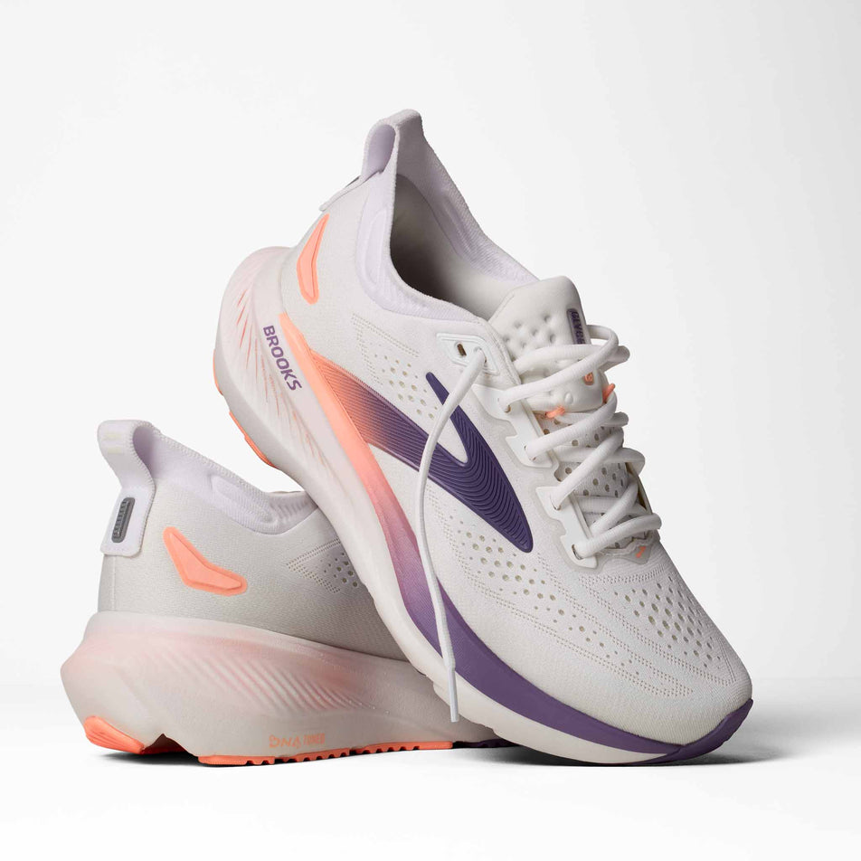 A pair of Brooks Women's Glycerin 23 Running Shoes in the White/Mulled Grape/Clear colourway.