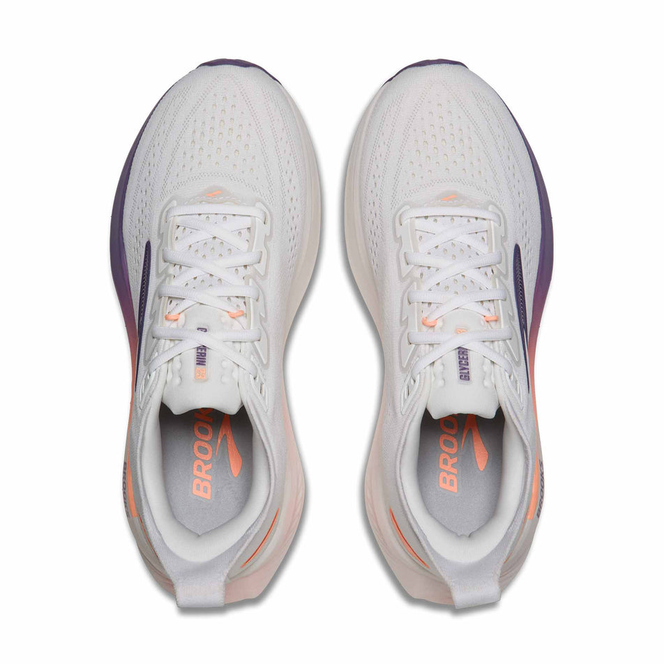 The uppers of a pair of Brooks Women's Glycerin 23 Running Shoes in the White/Mulled Grape/Clear colourway.