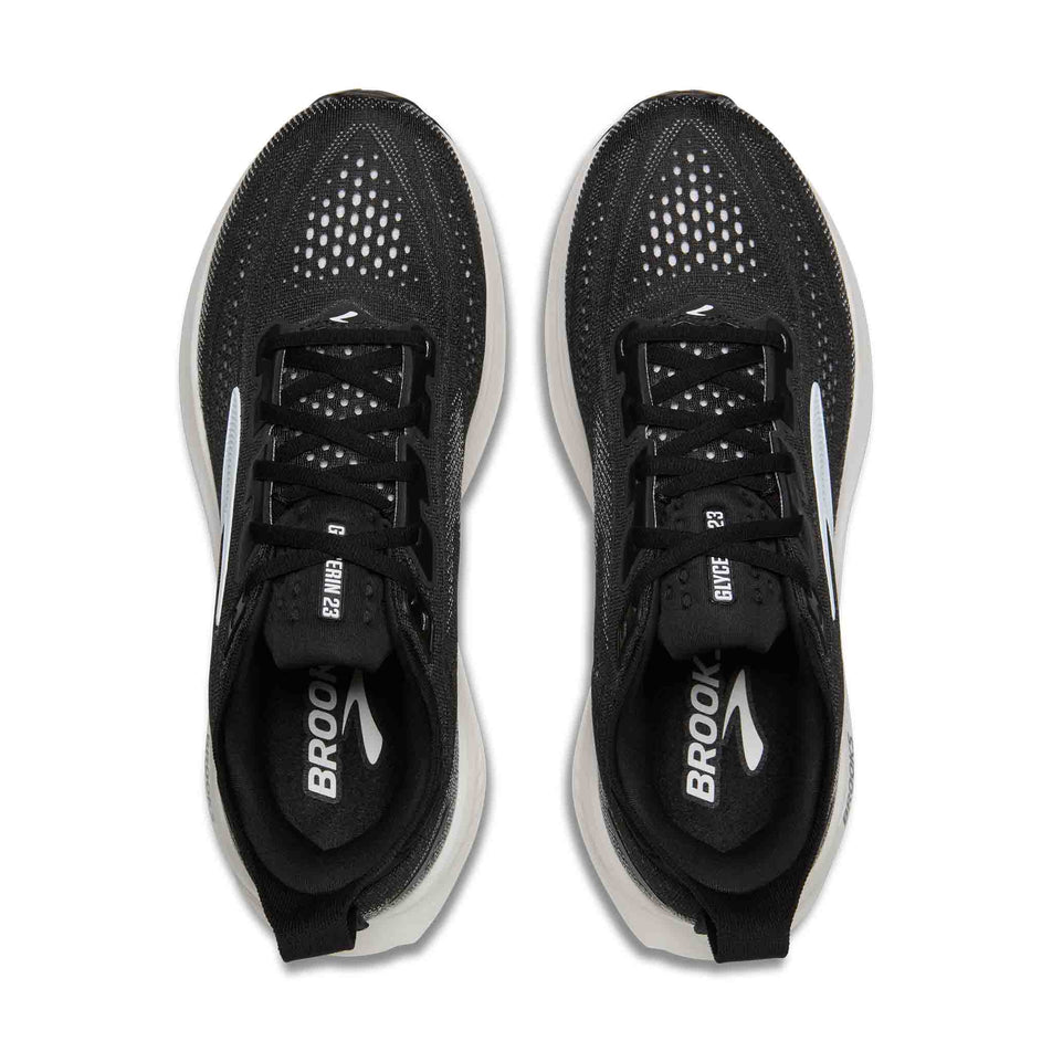 The uppers of a pair of Brooks Women's Glycerin 23 1D Running Shoes in the Black/Grey/White colourway.