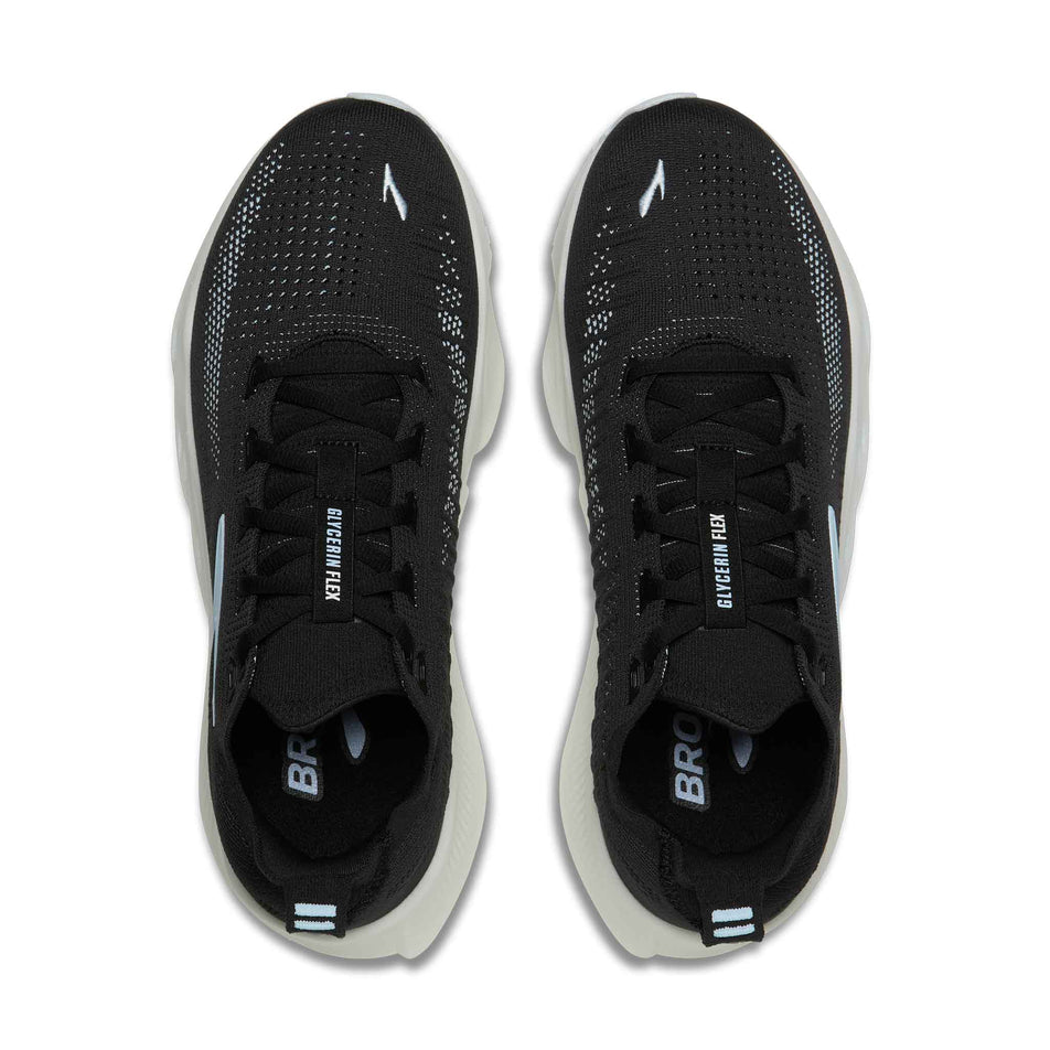 The uppers of a pair of Brooks Women's Glycerin Flex Running Shoes in the Black/Blue/Blue colourway.