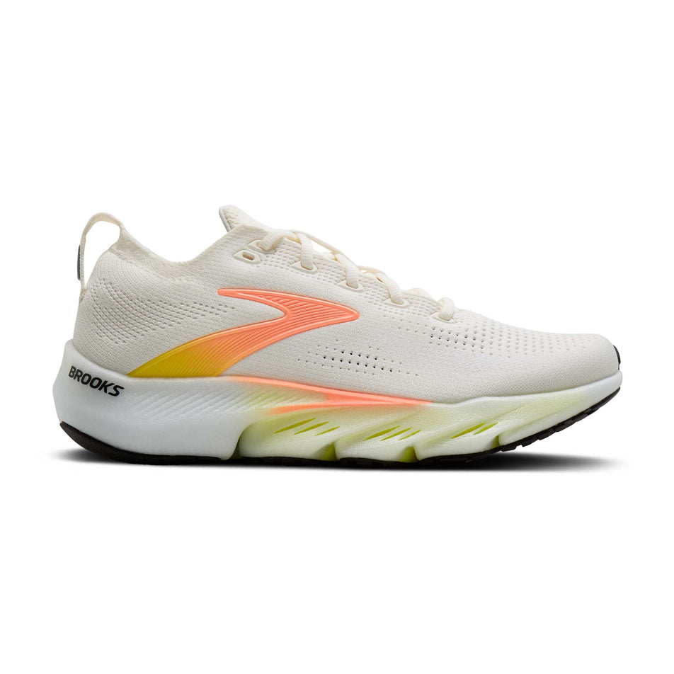 Lateral view of the right shoe from a pair of Brooks Women's Glycerin Flex Running Shoes in the White/Peach/Nightlife colourway.