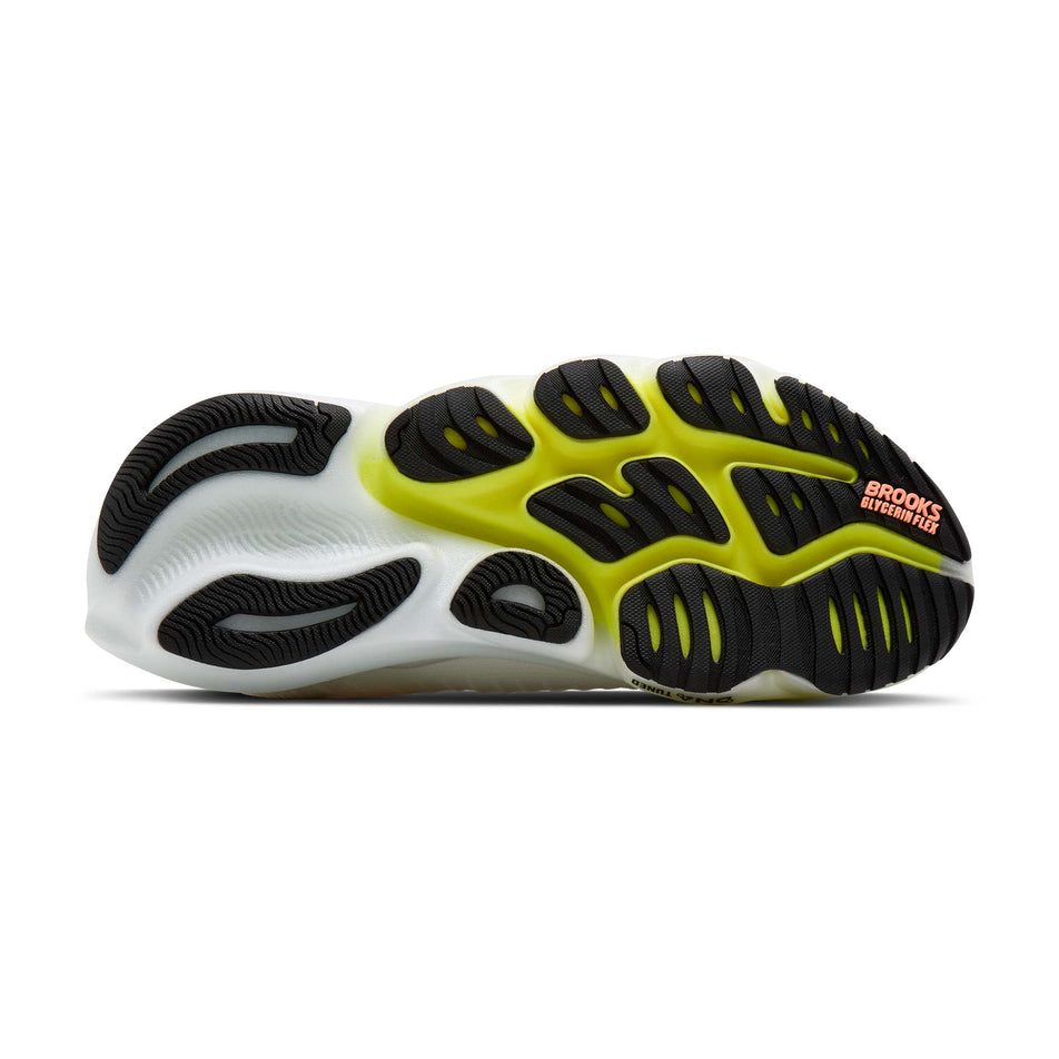 The outsole of the right shoe from a pair of Brooks Women's Glycerin Flex Running Shoes in the White/Peach/Nightlife colourway.