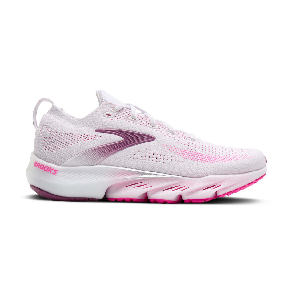 Lateral view of the right shoe from a pair of Brooks Women's Glycerin Flex Running Shoes in the White/Cyber Pink/Argyle colourway.