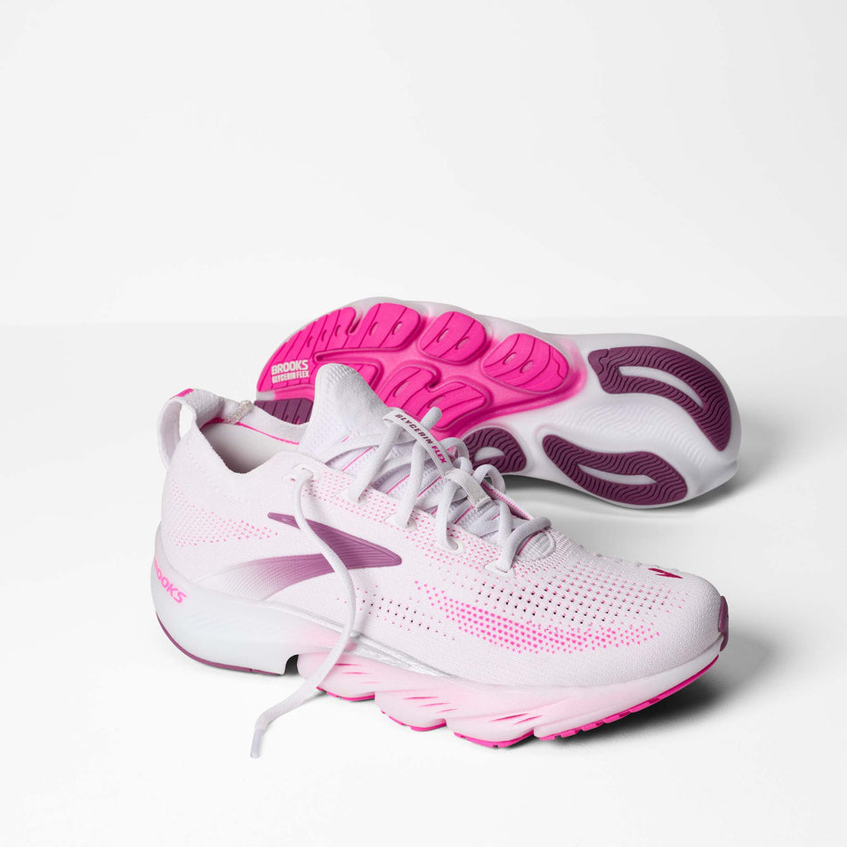 A pair of Brooks Women's Glycerin Flex Running Shoes in the White/Cyber Pink/Argyle colourway.