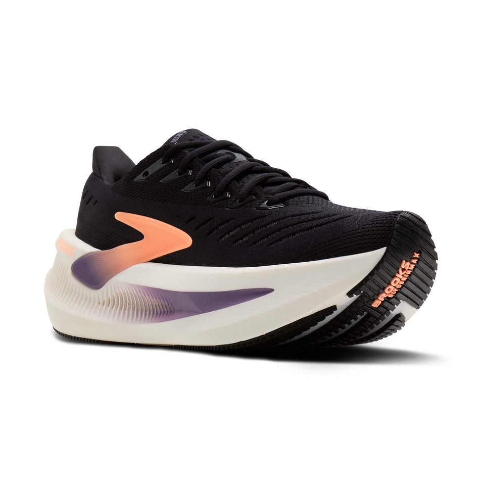 Lateral view of the right shoe from a pair of Brooks Women's Glycerin Max 2 Running Shoes in the Black/Peach/Clear colourway.