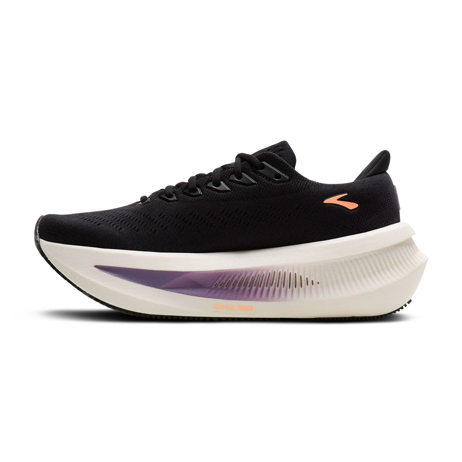 Medial view of the right shoe from a pair of Brooks Women's Glycerin Max 2 Running Shoes in the Black/Peach/Clear colourway.