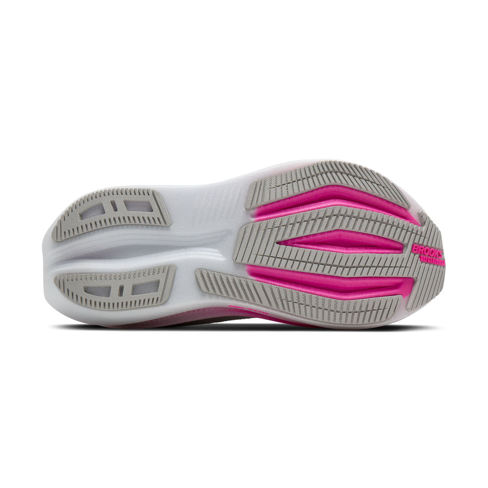 The outsole of the right shoe from a pair of Brooks Women's Glycerin Max 2 Running Shoes in the Oyster/Argyle/Cyber Pink colourway.