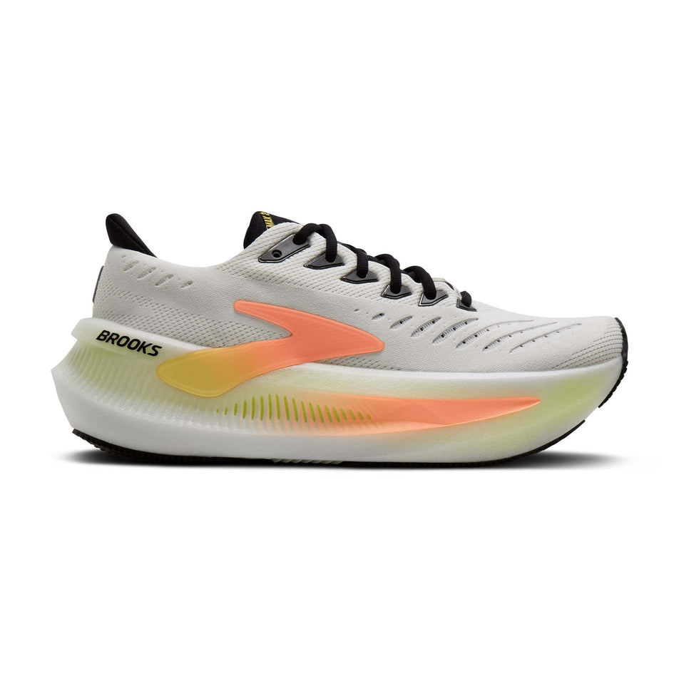 Lateral view of the right shoe from a pair of Brooks Women's Glycerin Max 2 Running Shoes in the White/Cyber Yellow/Nightlife colourway.