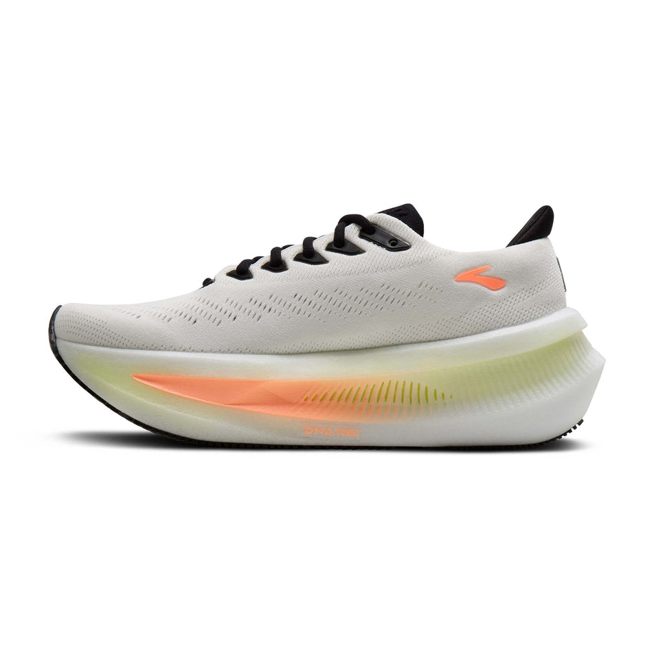 Medial view of the right shoe from a pair of Brooks Women's Glycerin Max 2 Running Shoes in the White/Cyber Yellow/Nightlife colourway.