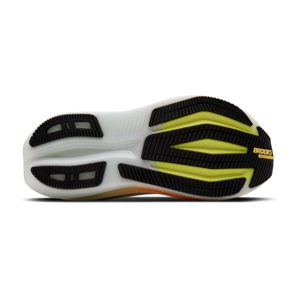 The outsole of the right shoe from a pair of Brooks Women's Glycerin Max 2 Running Shoes in the White/Cyber Yellow/Nightlife colourway.