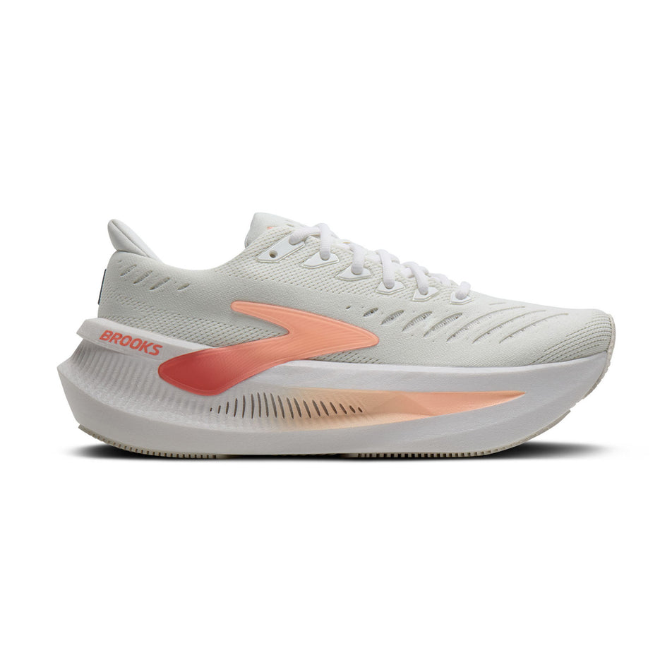 Lateral view of the right shoe from a pair of Brooks Women's Glycerin Max 2 Running Shoes in the White/Coral/Peach colourway.
