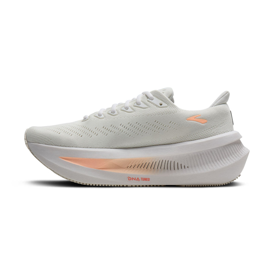 Medial view of the right shoe from a pair of Brooks Women's Glycerin Max 2 Running Shoes in the White/Coral/Peach colourway.