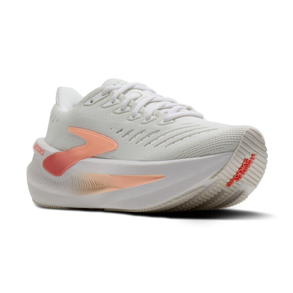 Lateral view of the right shoe from a pair of Brooks Women's Glycerin Max 2 Running Shoes in the White/Coral/Peach colourway.