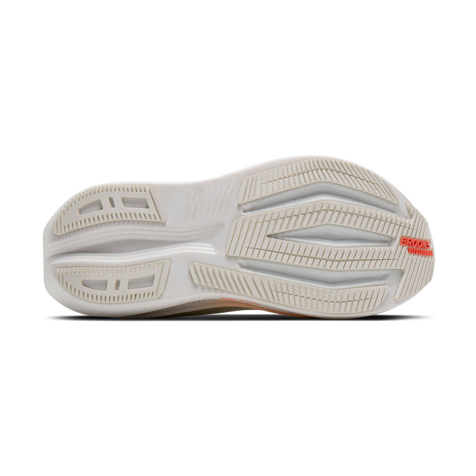 The outsole of the right shoe from a pair of Brooks Women's Glycerin Max 2 Running Shoes in the White/Coral/Peach colourway.