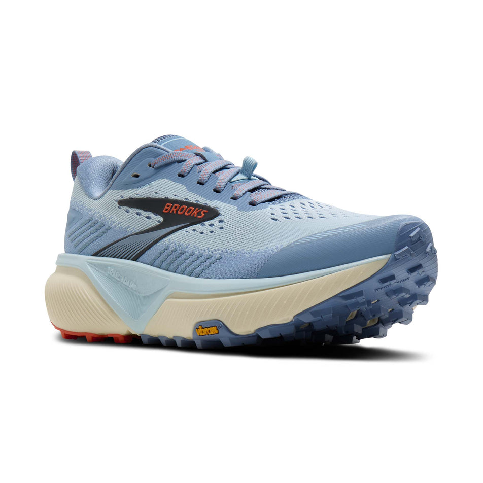 Lateral view of the right shoe from a pair of Brooks Women's Cascadia 20 Running Shoes in the Nantucket/Blue/Tigerlily colourway.