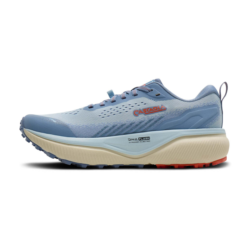 Medial view of the right shoe from a pair of Brooks Women's Cascadia 20 Running Shoes in the Nantucket/Blue/Tigerlily colourway.