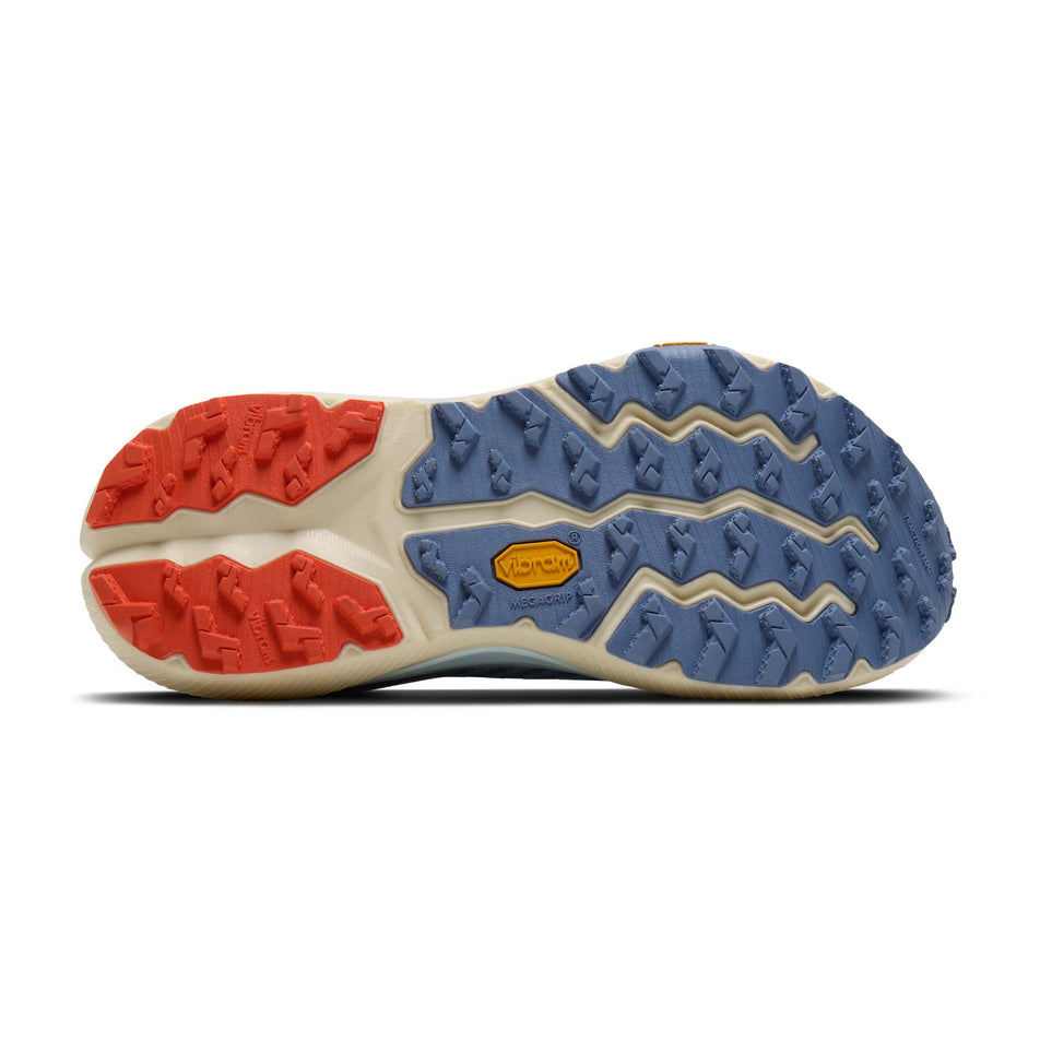 The outsole of the right shoe from a pair of Brooks Women's Cascadia 20 Running Shoes in the Nantucket/Blue/Tigerlily colourway.