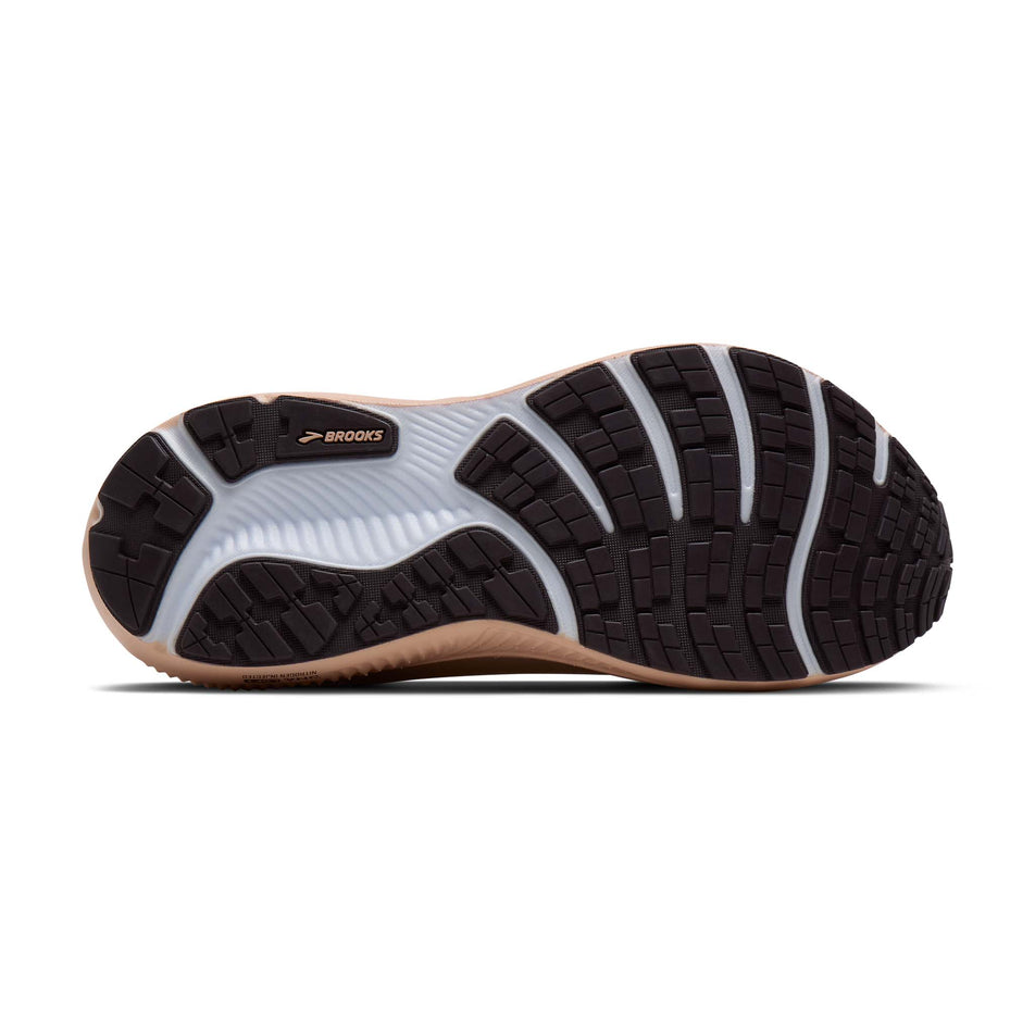 The outsole of the right shoe from a pair of Brooks Women's Ghost 18 GTX Running Shoes in the Rose Dust/Raisin colourway.