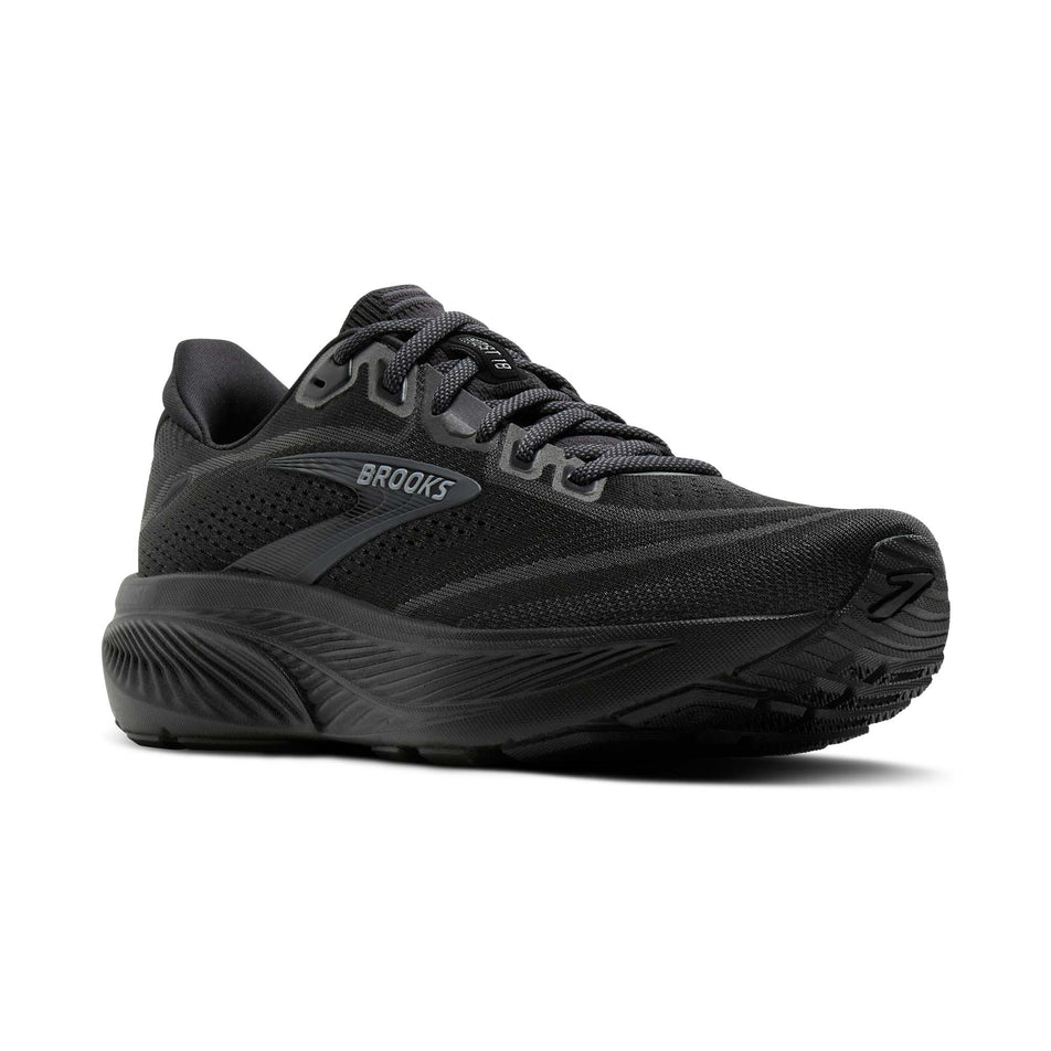 Lateral view of the right shoe from a pair of Brooks Women's Ghost 18 Running Shoes in the Black/Black/Ebony colourway.