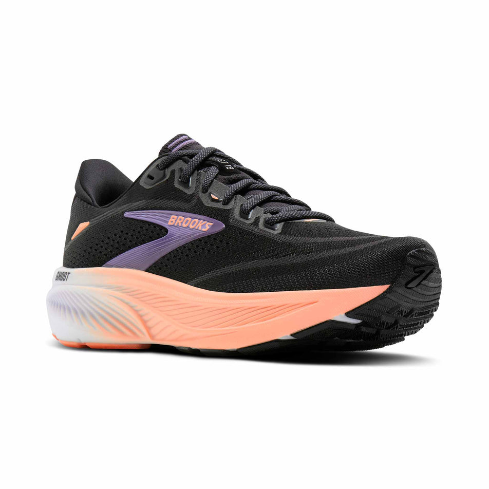 Lateral view of the right shoe from a pair of Brooks Women's Ghost 18 Running Shoes in the Black/Mulled Grape/Peach colourway.