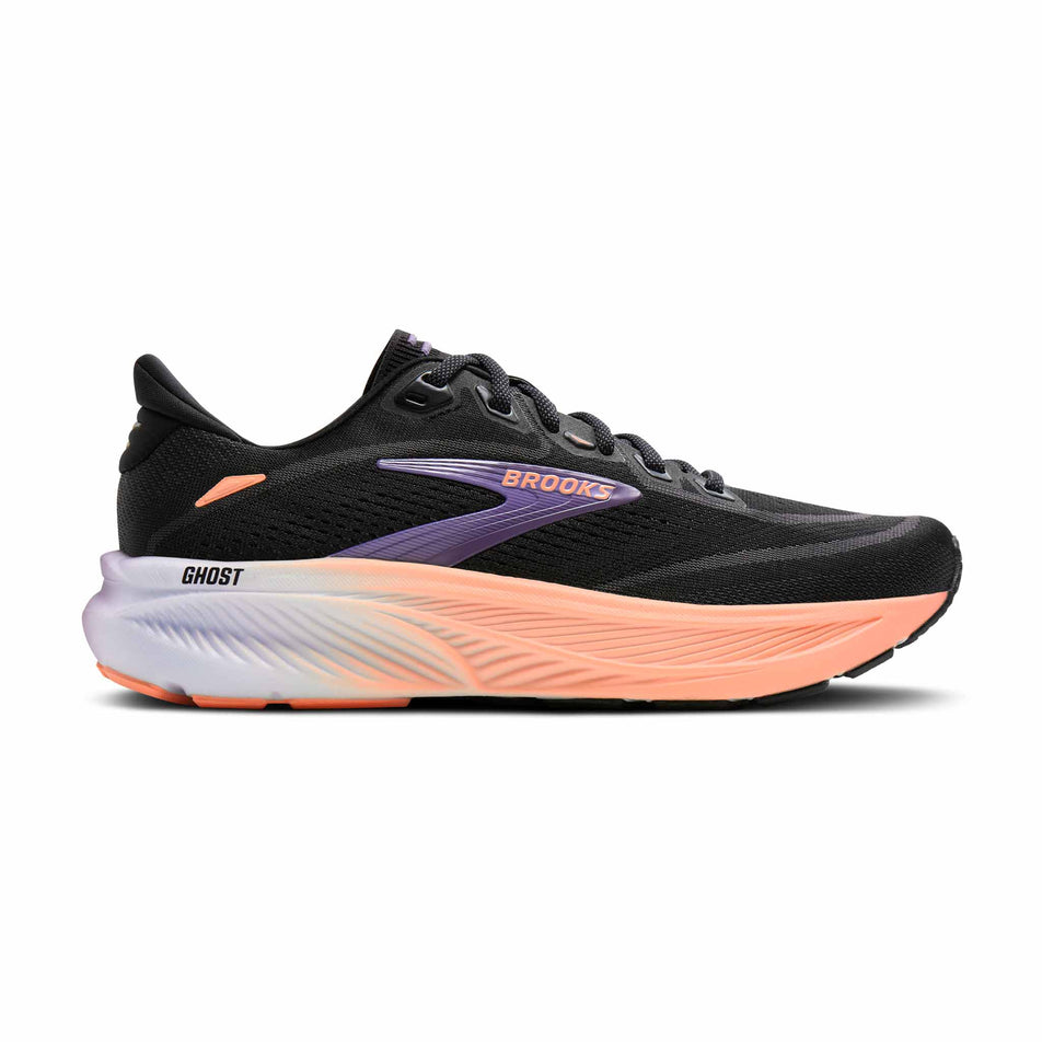 Lateral view of the right shoe from a pair of Brooks Women's Ghost 18 Running Shoes in the Black/Mulled Grape/Peach colourway.