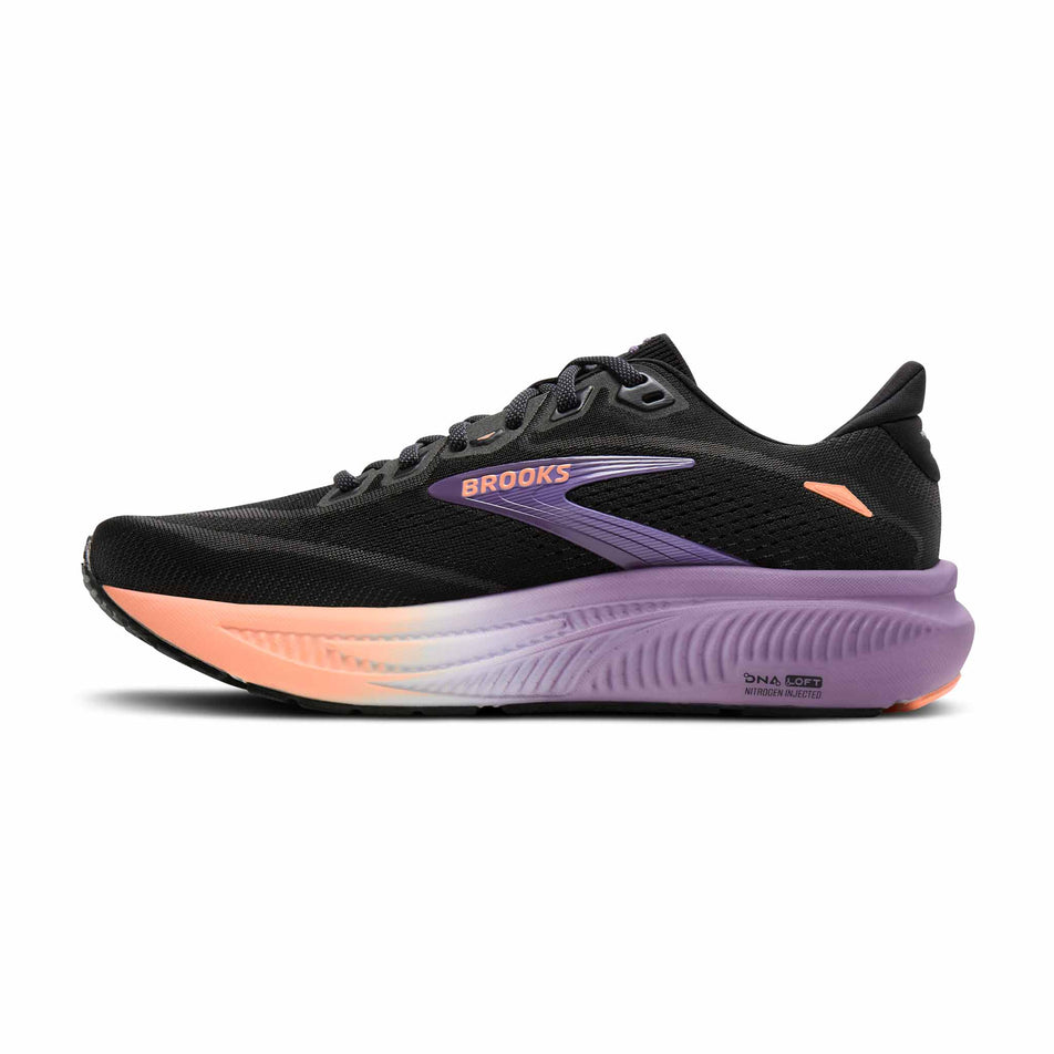 Medial view of the right shoe from a pair of Brooks Women's Ghost 18 Running Shoes in the Black/Mulled Grape/Peach colourway.