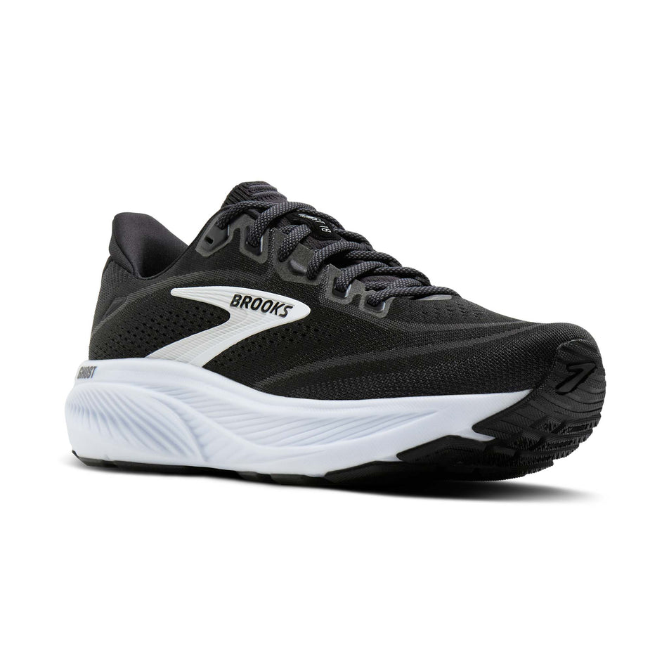 Lateral view of the right shoe from a pair of Brooks Women's Ghost 18 Running Shoes in the Black/Grey/White colourway.