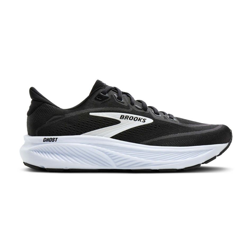 Lateral view of the right shoe from a pair of Brooks Women's Ghost 18 Running Shoes in the Black/Grey/White colourway.