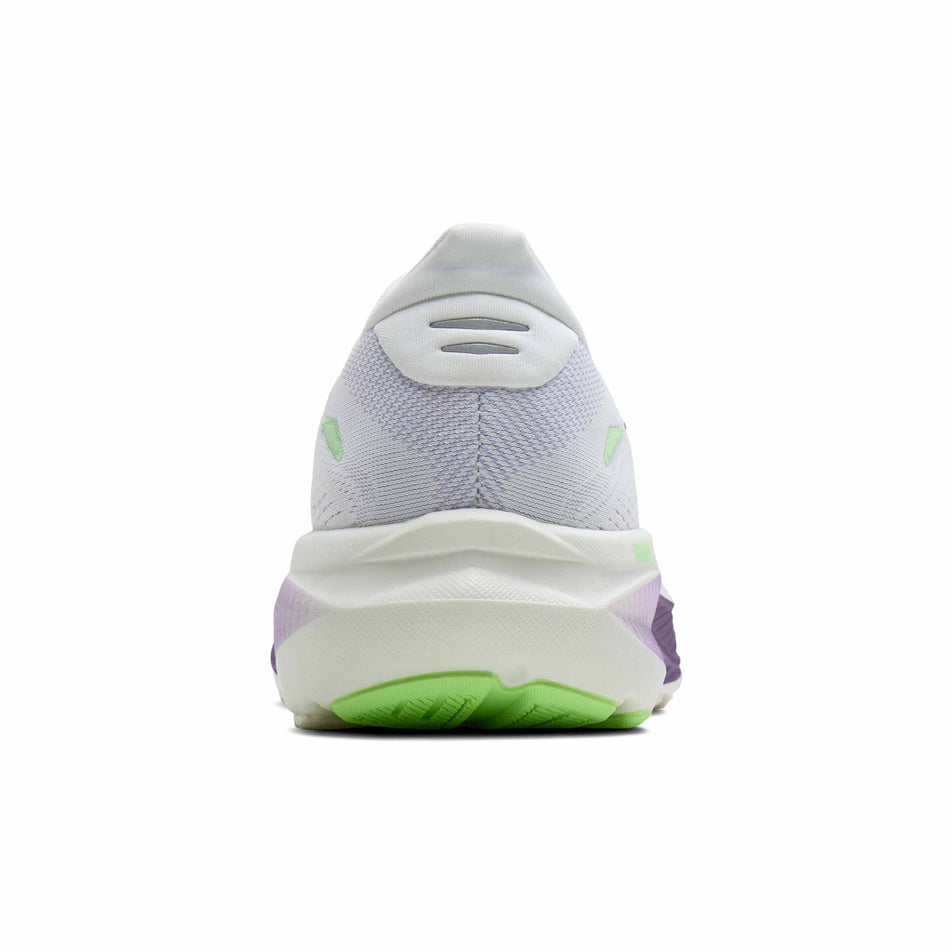 The back of the right shoe from a pair of Brooks Women's Ghost 18 Running Shoes in the White/Purple Hebe/Green colourway.