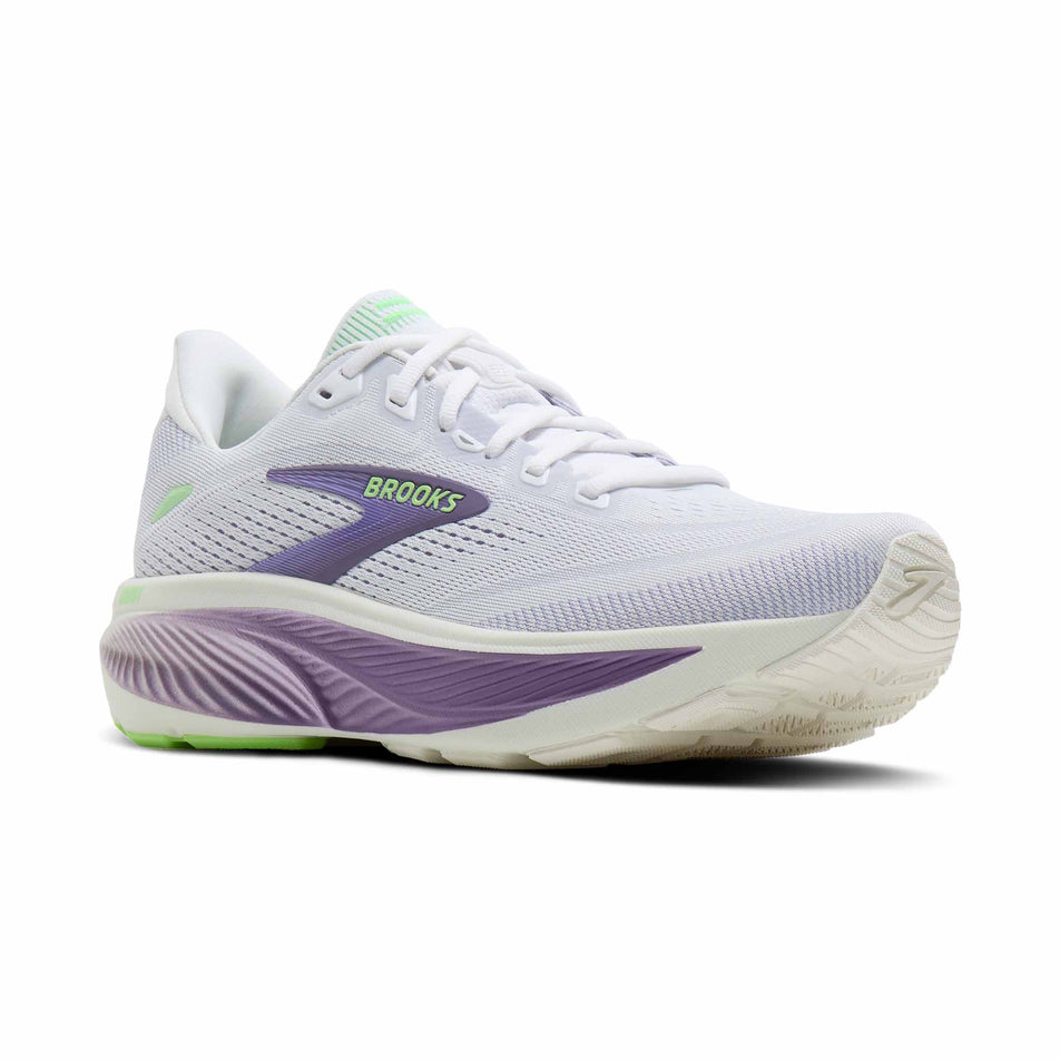 Lateral view of the right shoe from a pair of Brooks Women's Ghost 18 Running Shoes in the White/Purple Hebe/Green colourway.