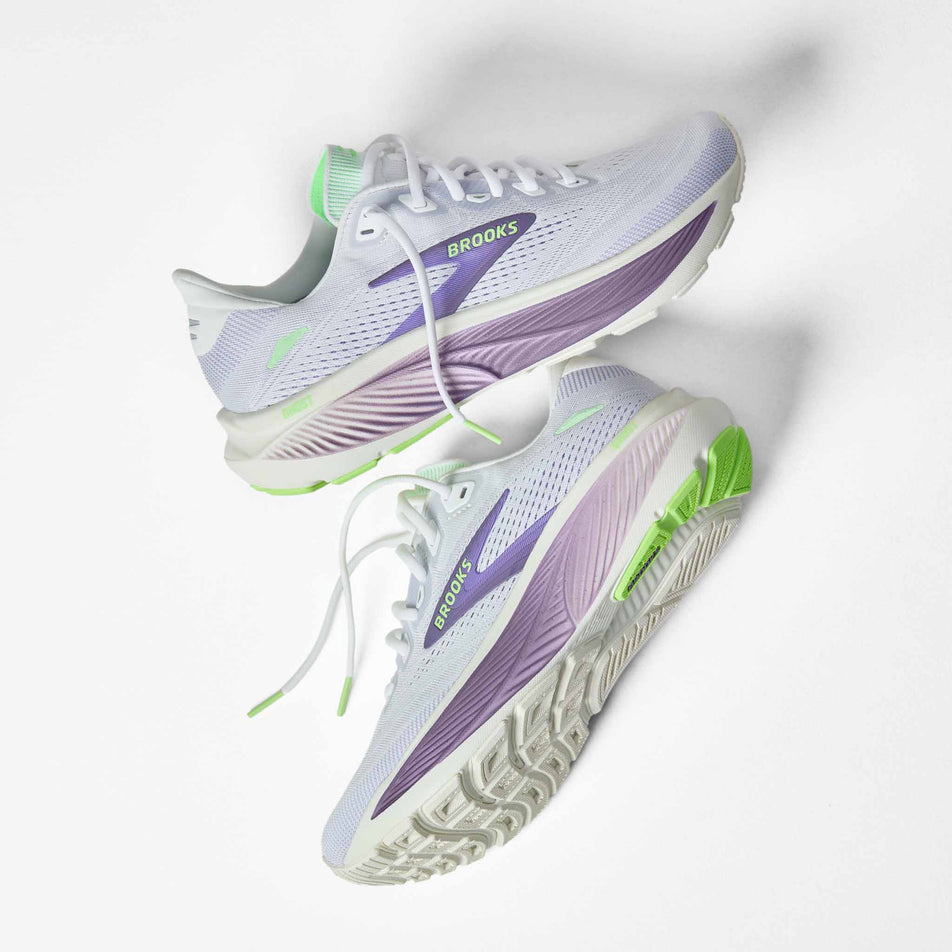 A pair of Brooks Women's Ghost 18 Running Shoes in the White/Purple Hebe/Green colourway.