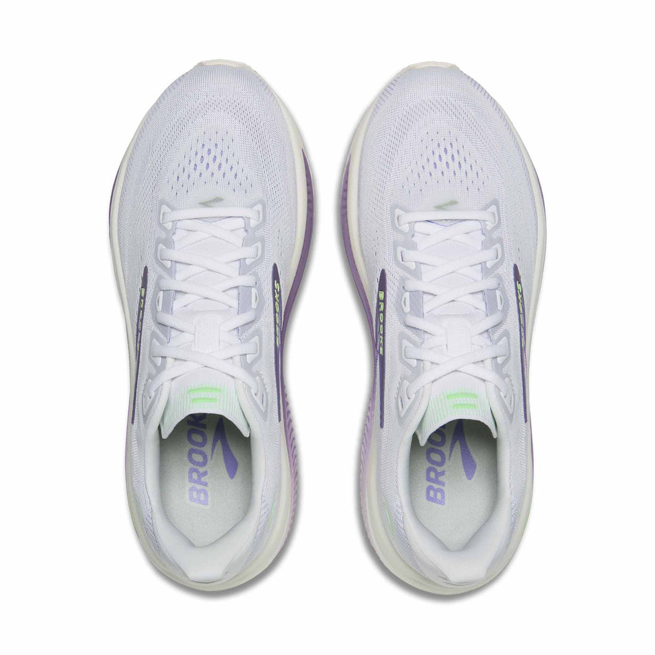 The uppers of a pair of Brooks Women's Ghost 18 Running Shoes in the White/Purple Hebe/Green colourway.