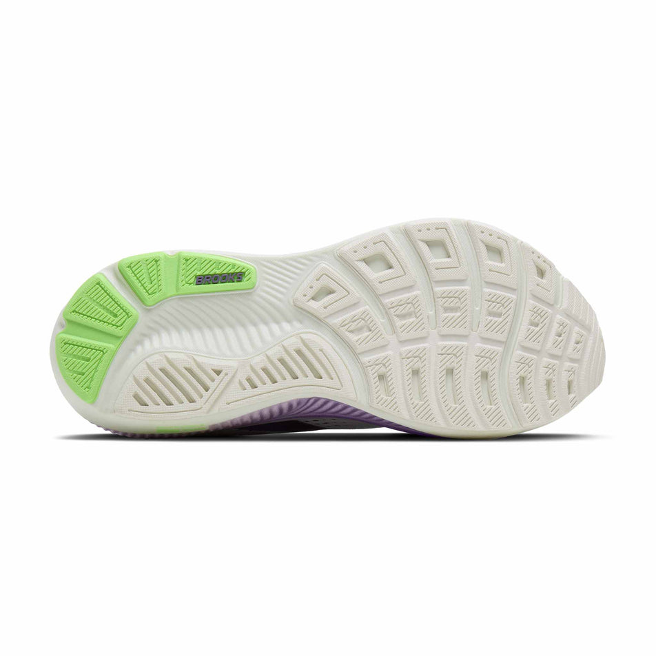 The outsole of the right shoe from a pair of Brooks Women's Ghost 18 Running Shoes in the White/Purple Hebe/Green colourway.