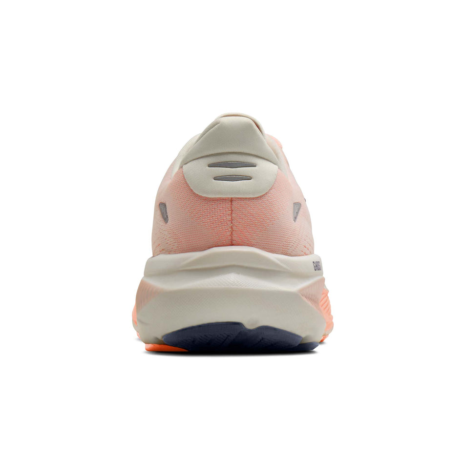 The back of the right shoe from a pair of Brooks Women's Ghost 18 1D Running Shoes in the Star White/Cyber Peach/Grey colourway.