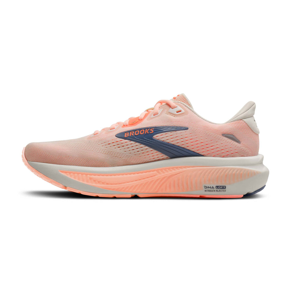 Medial view of the right shoe from a pair of Brooks Women's Ghost 18 1D Running Shoes in the Star White/Cyber Peach/Grey colourway.