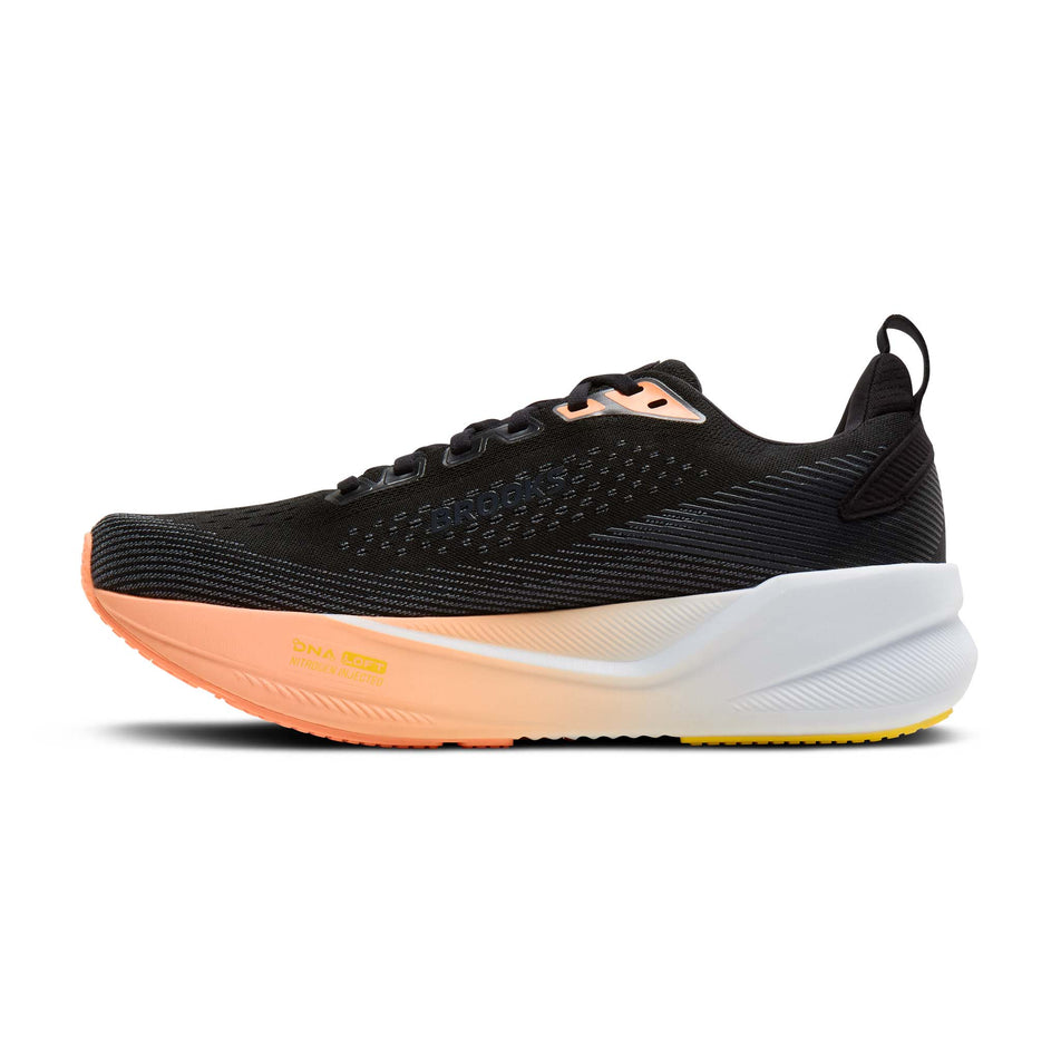 Medial view of the right shoe from a pair of Brooks Women's Ghost Max 4 Running Shoes in the Black/Folkstone/Cyber Peach colourway.