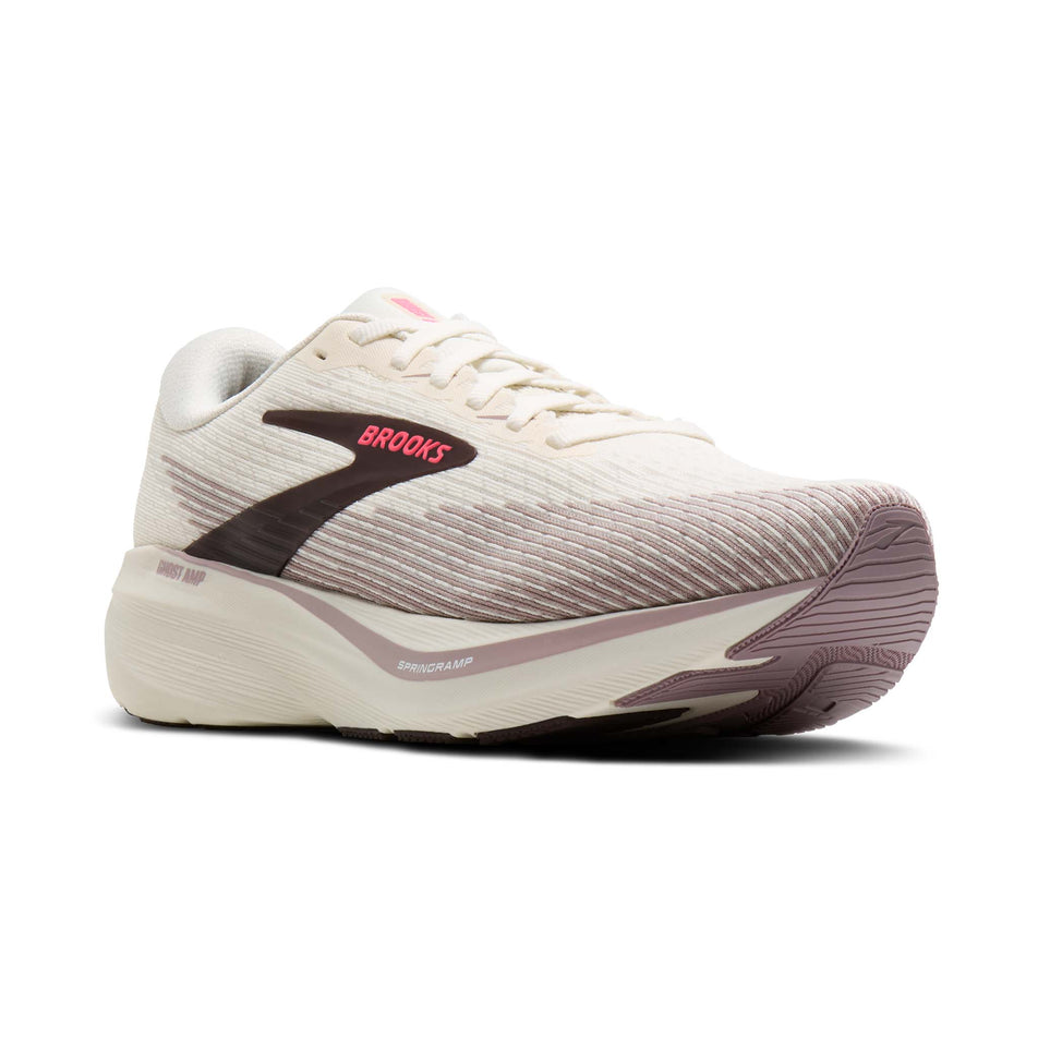 A pair of Brooks Women's Ghost AMP Running Shoes in the Arctic Wolf/Dove/Pink colourway.