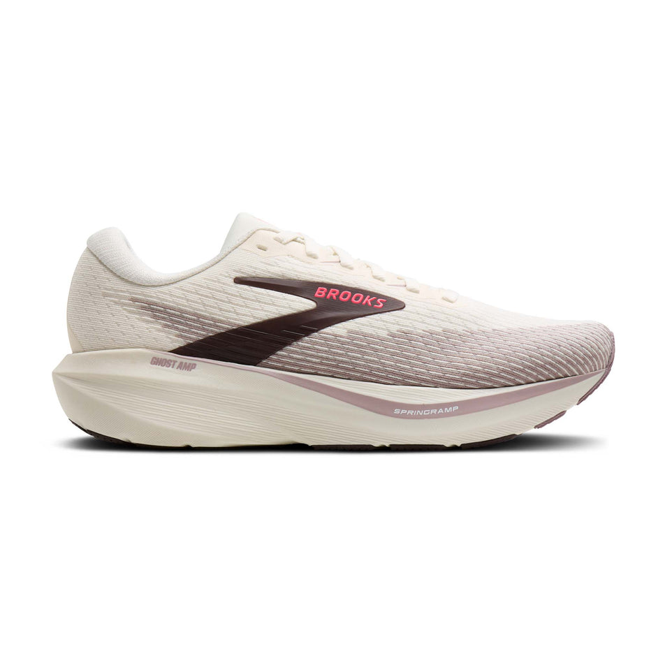 Lateral view of the right shoe from a pair of Brooks Women's Ghost AMP Running Shoes in the Arctic Wolf/Dove/Pink colourway.