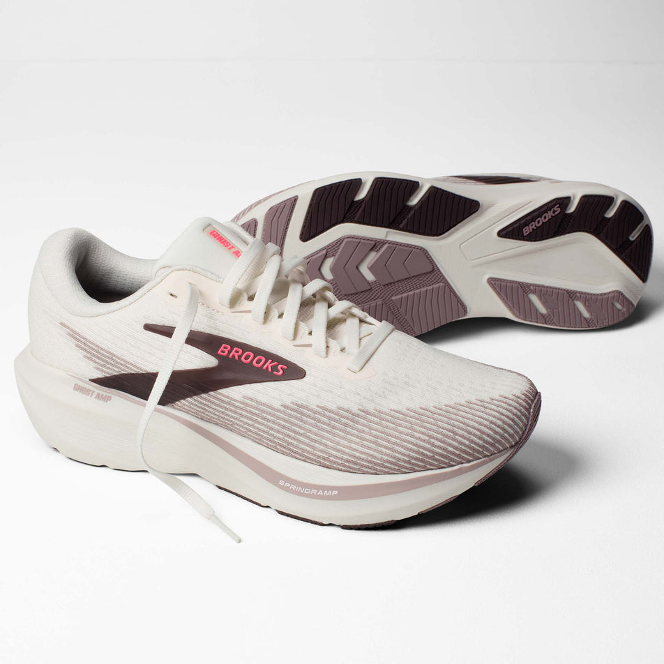 A pair of Brooks Women's Ghost AMP Running Shoes in the Arctic Wolf/Dove/Pink colourway.