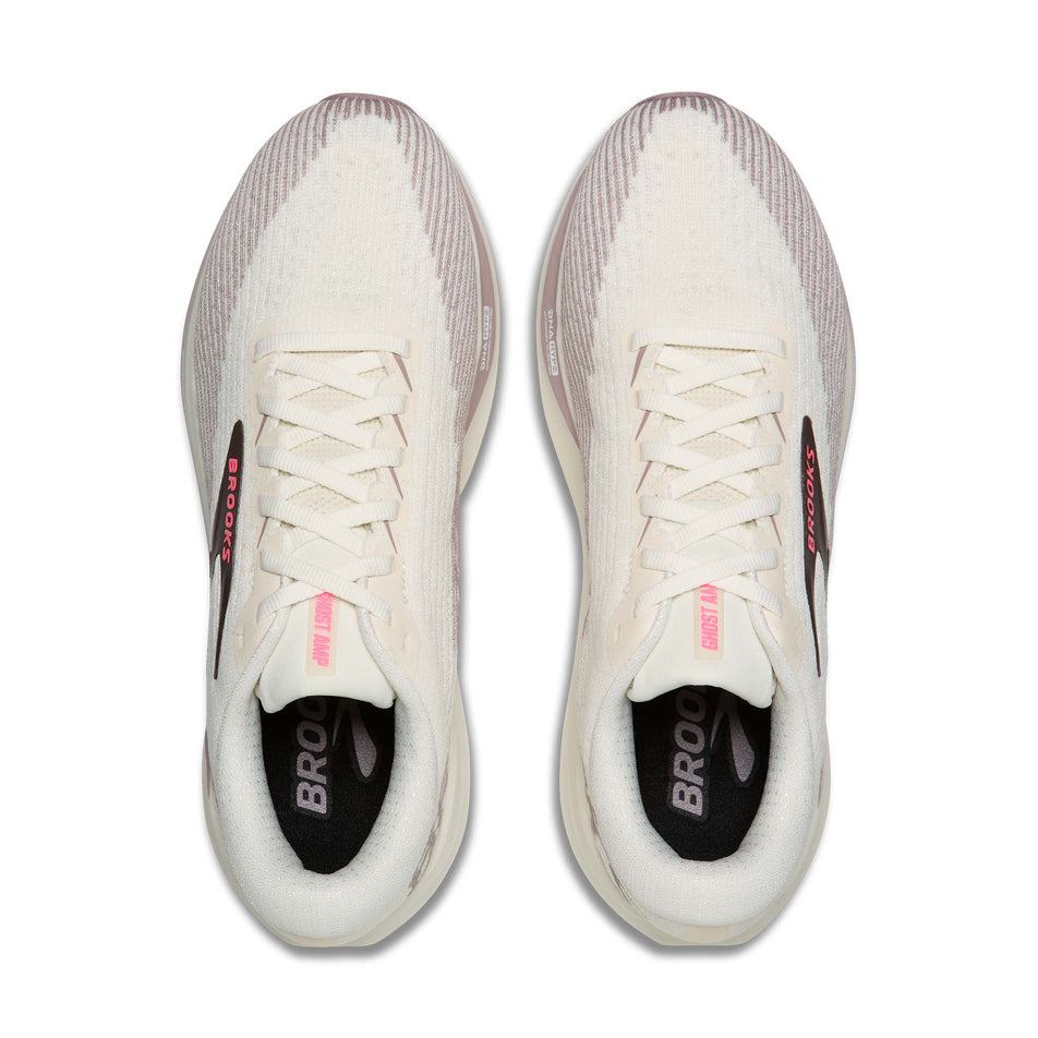 The uppers of a pair of Brooks Women's Ghost AMP Running Shoes in the Arctic Wolf/Dove/Pink colourway.