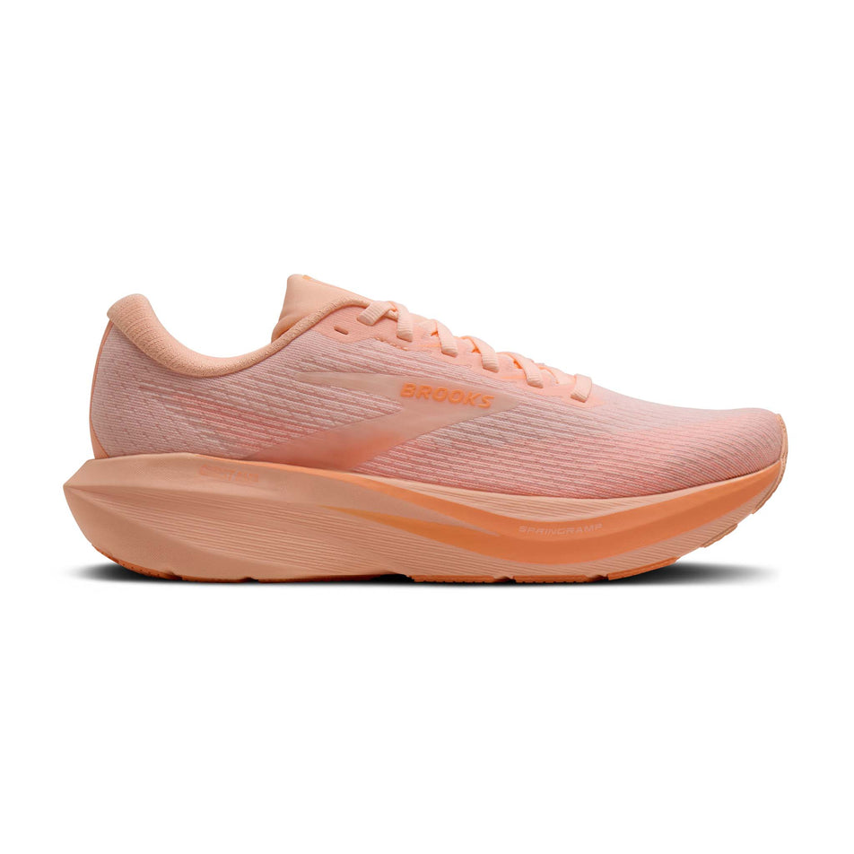 Lateral view of the right shoe from a pair of Brooks Women's Ghost AMP Running Shoes in the Peach/Peach/White colourway.