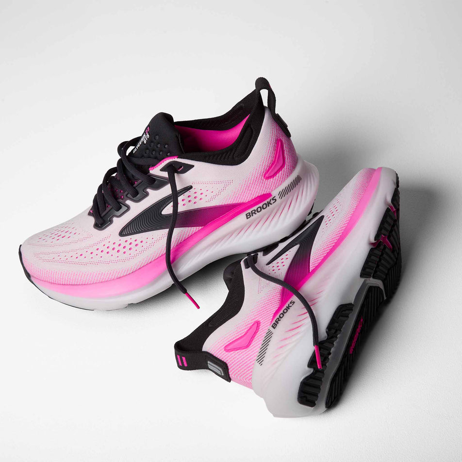 A pair of Brooks Women's Glycerin GTS 23 Running Shoes in the White/Phantom/Cyber Pink colourway.
