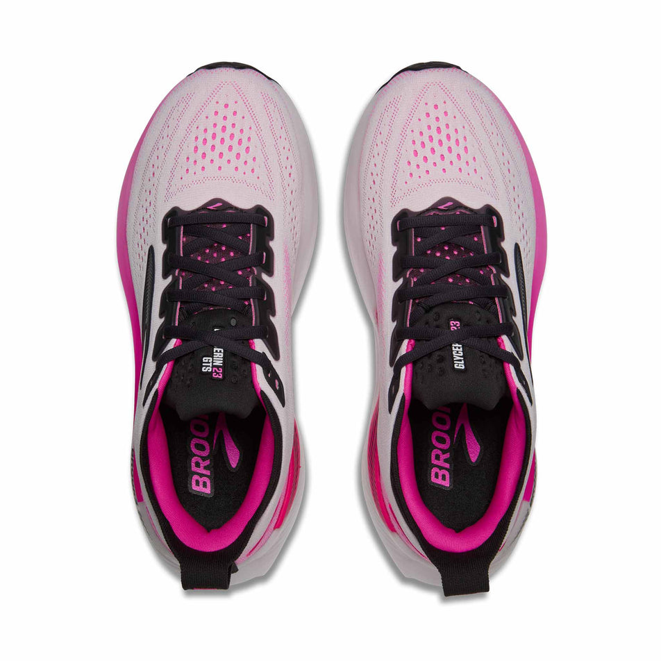 The uppers of a pair of Brooks Women's Glycerin GTS 23 Running Shoes in the White/Phantom/Cyber Pink colourway.