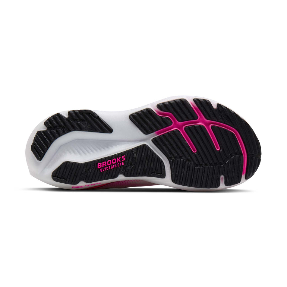 The outsole of the right shoe from a pair of Brooks Women's Glycerin GTS 23 Running Shoes in the White/Phantom/Cyber Pink colourway.