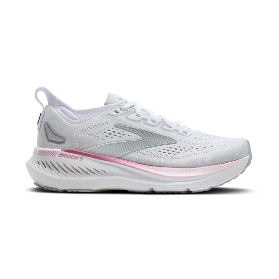 Lateral view of the right shoe from a pair of Brooks Women's Glycerin GTS 23 Running Shoes in the White/Harbor Mist/Metallic colourway.