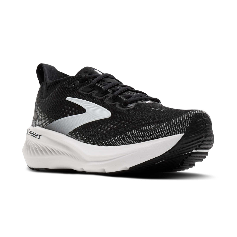 Lateral view of the right shoe from a pair of Brooks Women's Glycerin GTS 23 1D Running Shoes in the Black/Grey/White colourway.